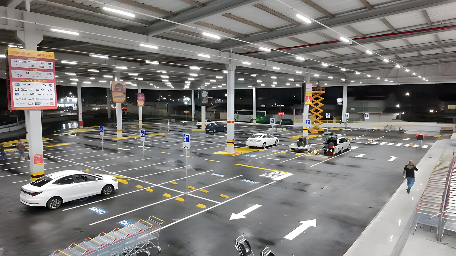 Estacionamento coberto do Fort Atacadista iluminado à noite