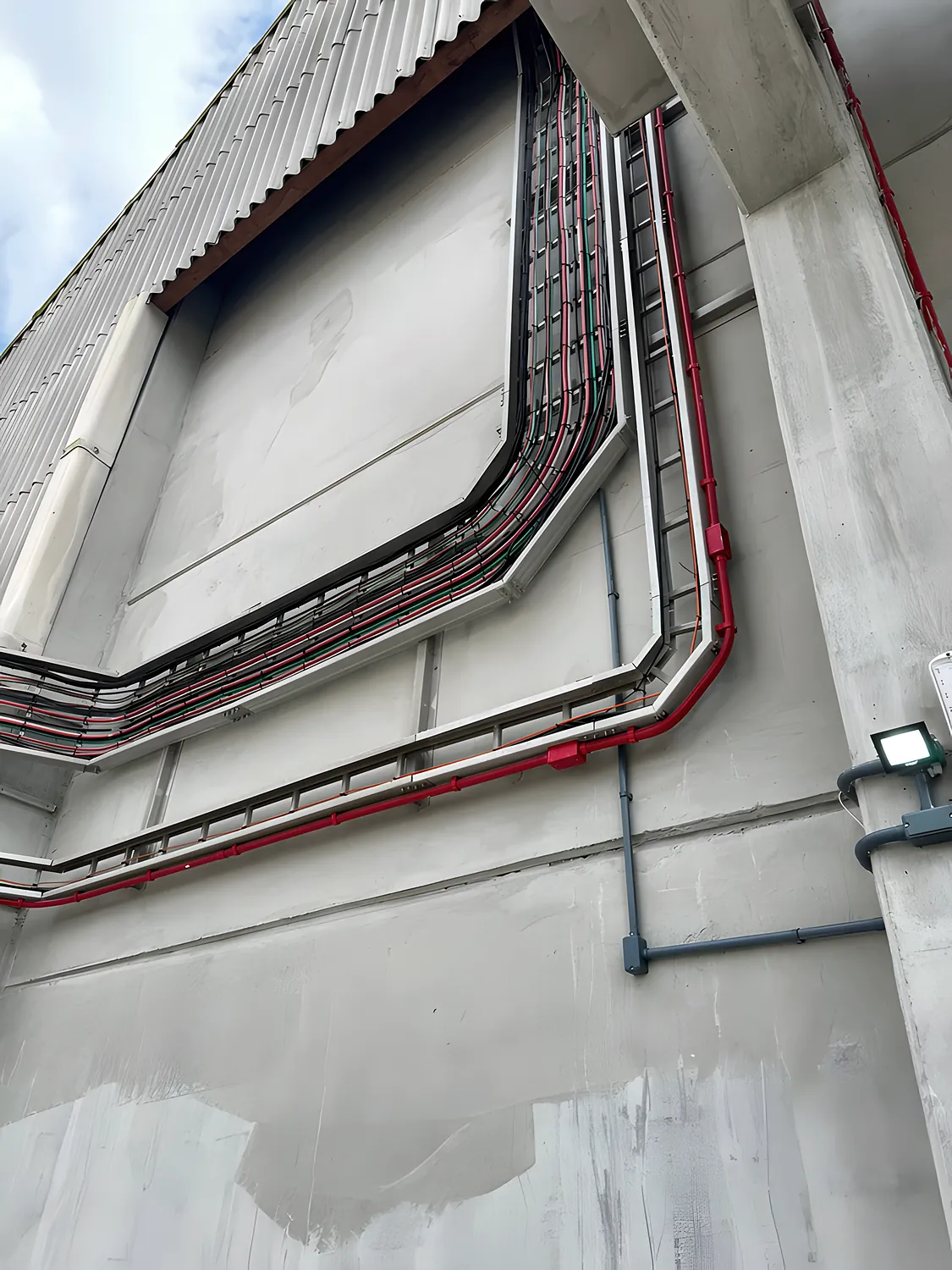 Leitos em fibra de vidro contornando a parede do terminal da Rocha, resistentes ao ambiente corrosivo de fertilizantes